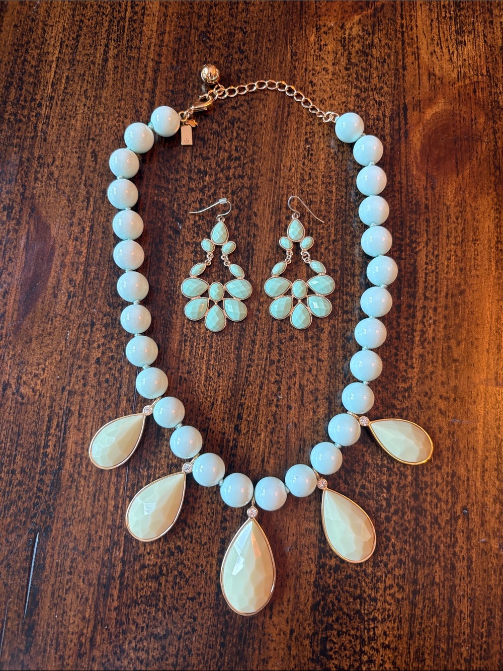 Elegant Seafoam Green Teardrop Statement Necklace & Earrings Set